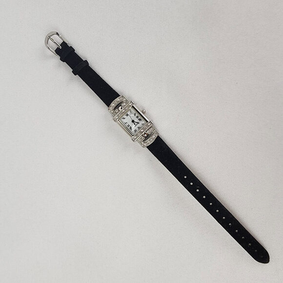 Quartz Silver & Rhinestone Black Band Watch - Picture 2 of 6